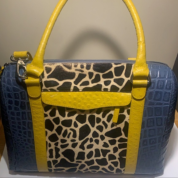 Handbags - Vachetta Italian leather luxe satchel purse w/ calf hair & ostrich detail.